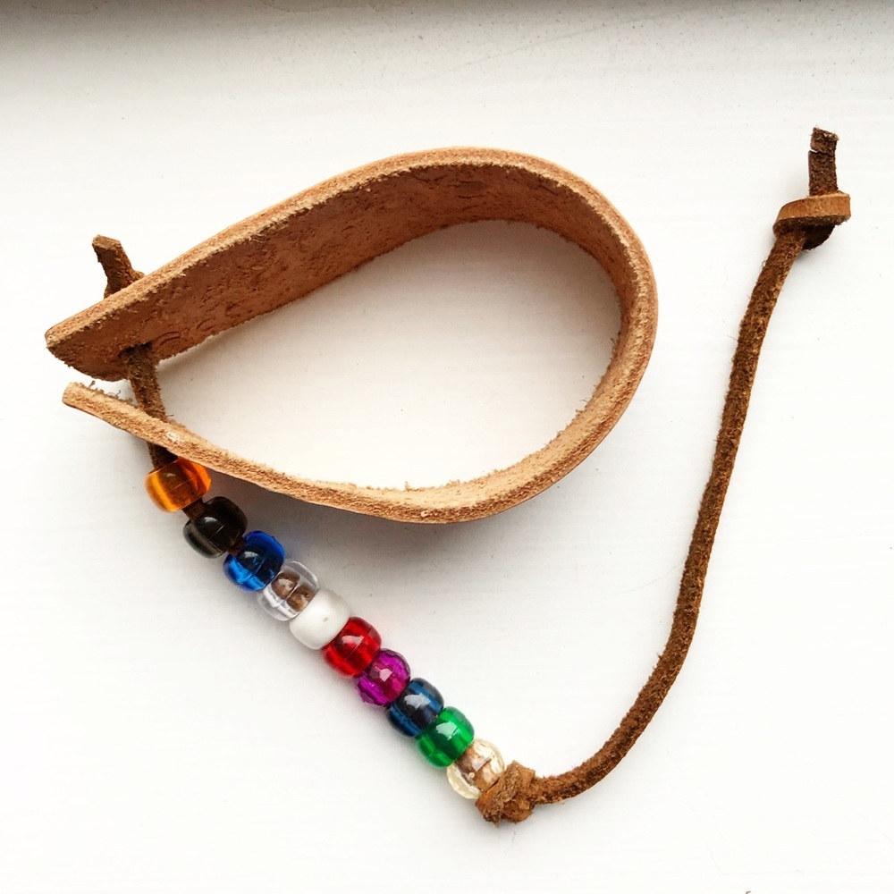 Brown leather & colorful beaded cuff bracelet